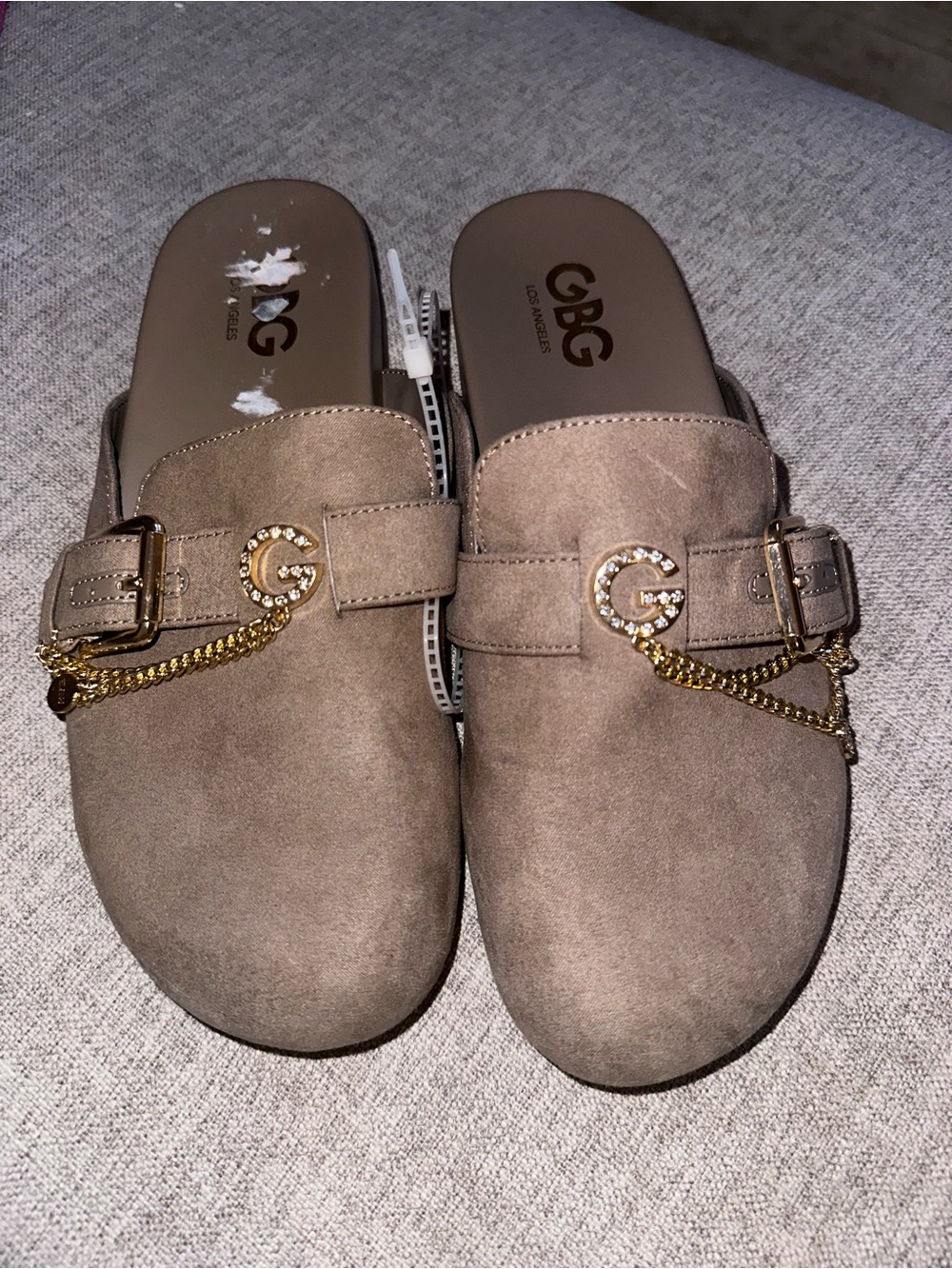 New G by Guess Women's Taupe Mules with Gold Chain